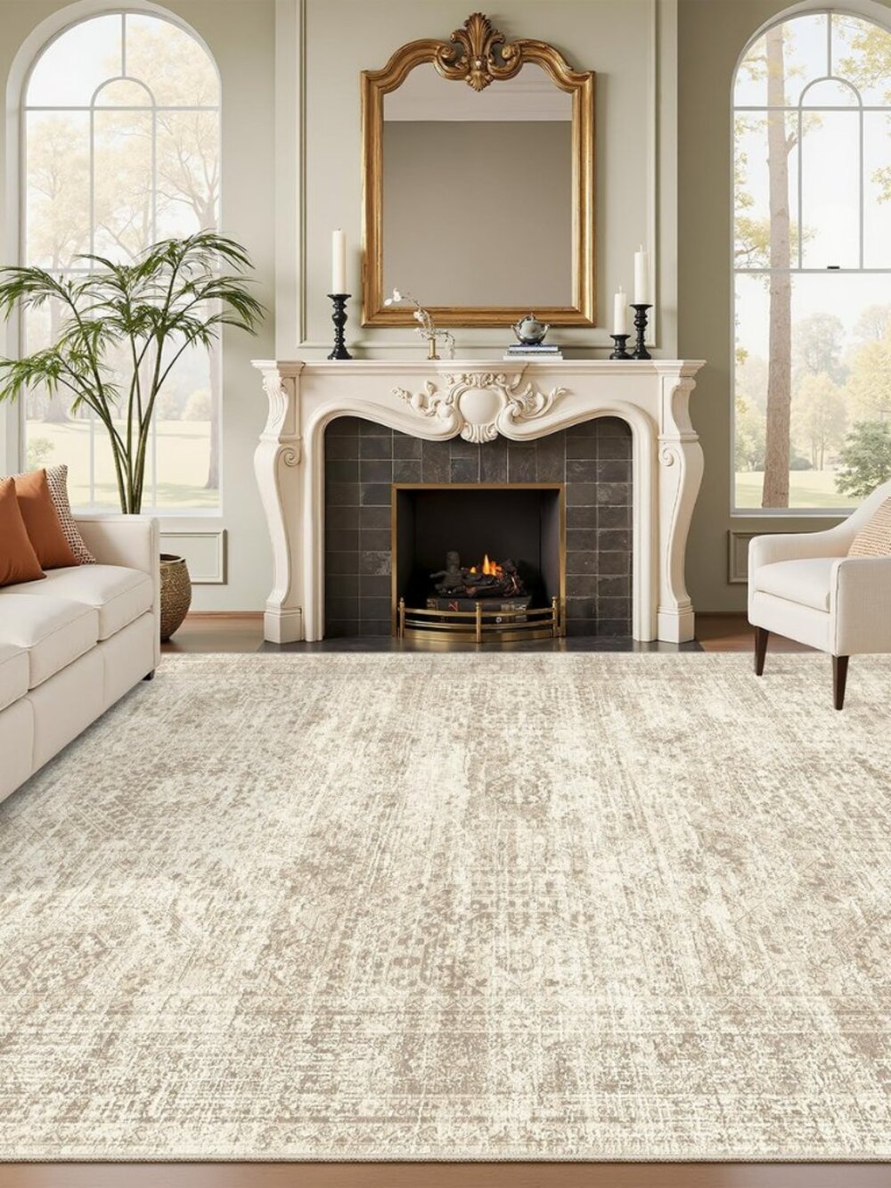 Washable Area Rug 8x10 Large Soft Beige Rugs for Living Room